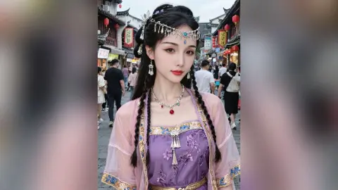 Young woman in traditional purple Hanfu with silver jewelry walking through a historic Chinese street market.