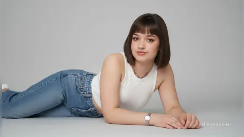 Young woman with brown bangs in a white tank top and blue jeans lying on a grey studio background.