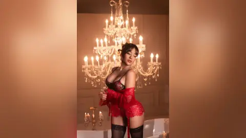 Glamorous woman in red lace lingerie posing under a glowing crystal chandelier in a warm, moody room.