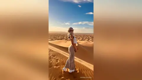 Woman in white tank top and grey trousers standing on sand dunes under a clear blue sky at sunset.