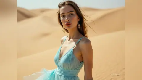 Elegant woman in a flowing light blue gown posing in a serene desert sand dune landscape.