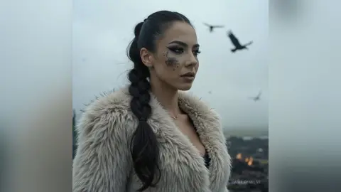 Woman with dark braided hair and face paint wearing a fuzzy faux fur coat in a moody, overcast outdoor setting.