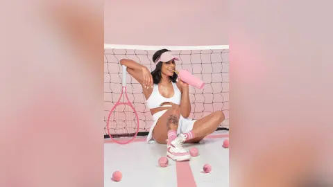 Smiling woman in white tennis outfit and pink visor sipping a drink on a pink tennis court.