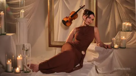 Elegant woman in a brown evening gown reclining on white fabric amidst glowing candles and a vintage violin.