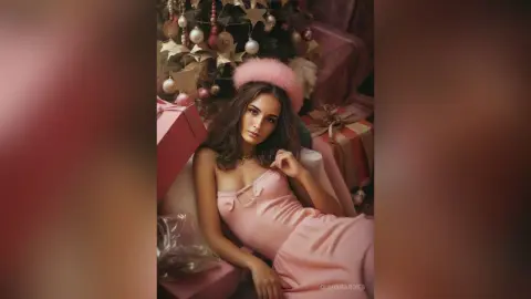 OliviaHardies wears a pink dress and fuzzy headband while lounging among wrapped gifts by a Christmas tree.