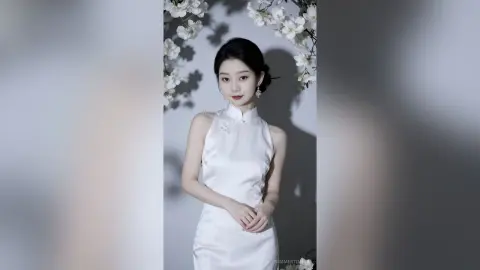 Elegant woman in a white silk cheongsam dress posing against a floral background in a soft, dreamy mood.