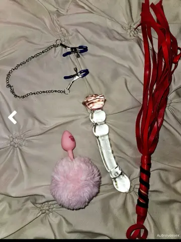 Assorted adult intimacy toys including a pink vibrator, glass wand, and red flogger on a neutral bedsheet.