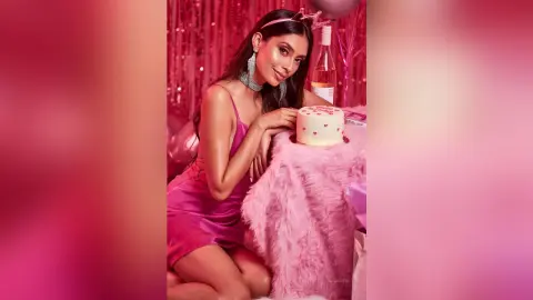 LucyMartin wears a pink satin slip dress and a headband while sitting next to a white frosted cake on a pink furry surface.