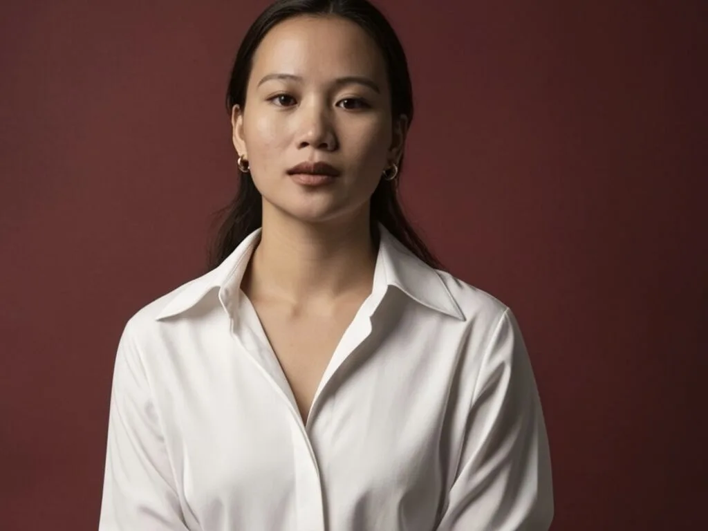 ShaneShaun wears a white button-down shirt and gold hoop earrings against a dark red background.