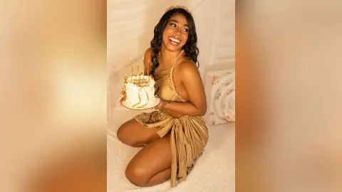 Happy woman in a gold satin dress holding a birthday cake with lit candles in a bright bedroom setting.