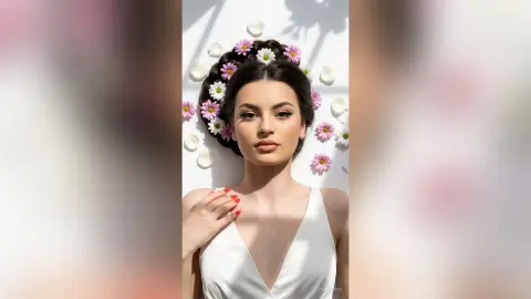 ZenyaSin poses with dark hair decorated with pink and white flowers, wearing a white low-cut top against a white background.
