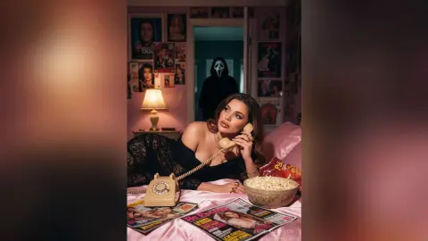 Woman in black lace outfit relaxing on a bed with a vintage phone and popcorn in a nostalgic bedroom setting.