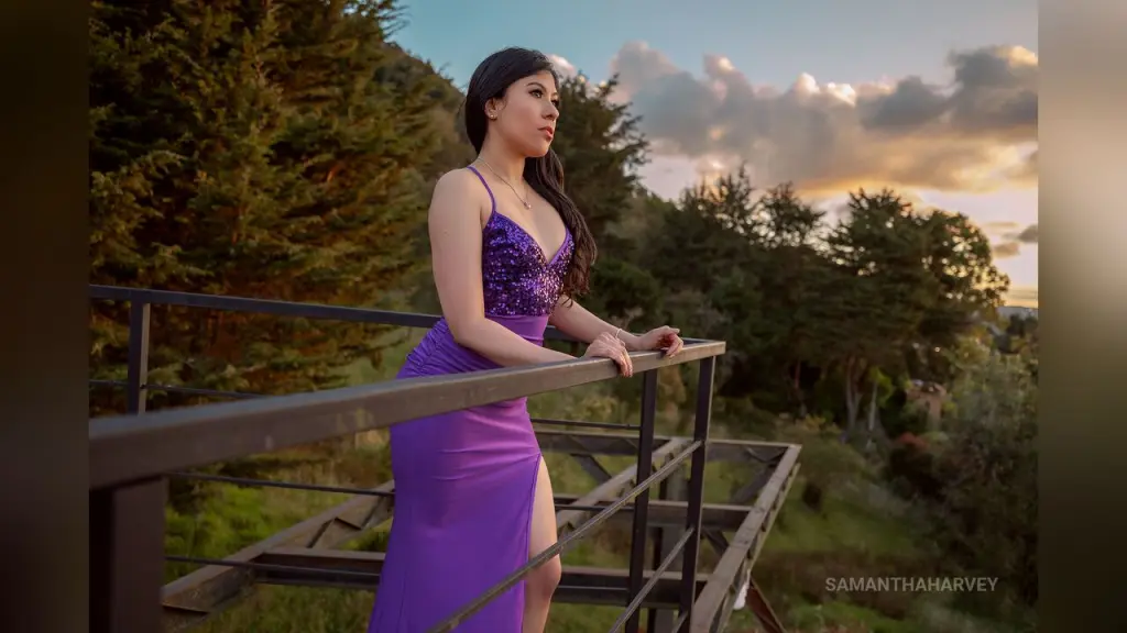 SamanthaHarvey — SamanthaHarvey stands on a wooden balcony wearing a purple lace dress against a sunset sky and trees.