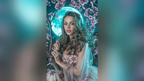 AnaMathers poses with long wavy hair wearing a white floral lace dress against a large glowing moon and pink cherry blossoms.