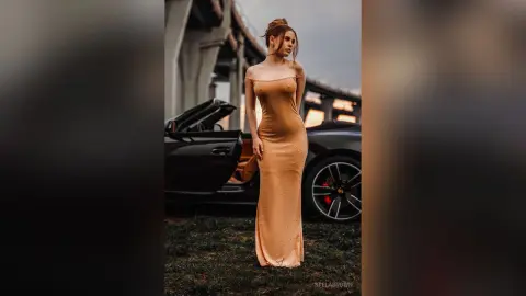 StelaBrown stands next to a black car wearing a long, tight-fitting tan dress that shows her curves.
