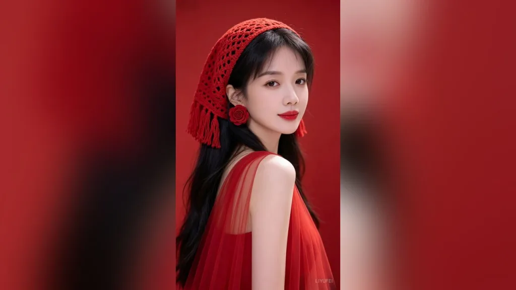 liyufei — liyufei poses in a red dress and a red crochet headpiece against a red background.