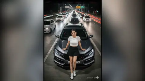 Smiling woman in a white t-shirt and black skirt standing by a grey car on a city highway at night.