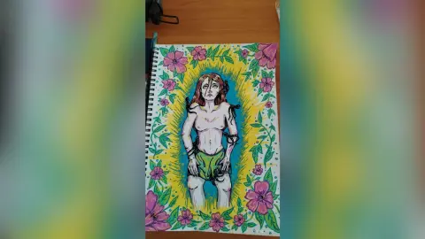 LorenLoiss poses naked with long brown hair, showing her bare chest and stomach against a bright yellow and pink floral background.