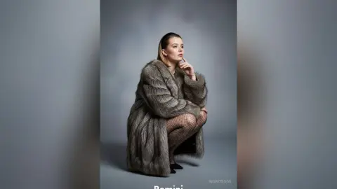IngritEgos poses in a large grey fur coat and fishnet stockings against a plain grey background.