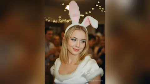 Blonde woman in a white bunny costume with pink ears smiling at a festive party with fairy lights.
