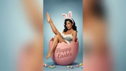 Smiling woman in bunny ears and white bodysuit sitting in a pink Easter egg surrounded by colorful pastel eggs.