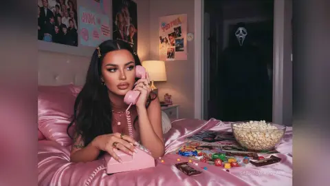 Young woman in pink loungewear using a vintage pink phone on a bed with popcorn in a spooky horror movie mood.