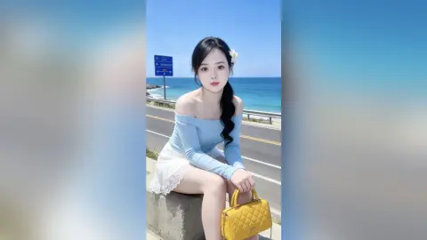 EnyaLin sits on a stone ledge wearing a light blue off-the-shoulder top and white lace skirt, posing against a coastal road and ocean background.
