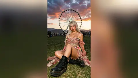 Blonde woman in a floral pink dress and black combat boots sitting on grass near a Ferris wheel at sunset.