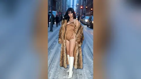 Stylish woman in a brown bodysuit and long faux fur coat walking on a snowy city street at dusk.