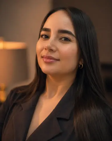 Smiling young woman with long dark hair wearing a black blazer in a warm, dimly lit indoor setting.