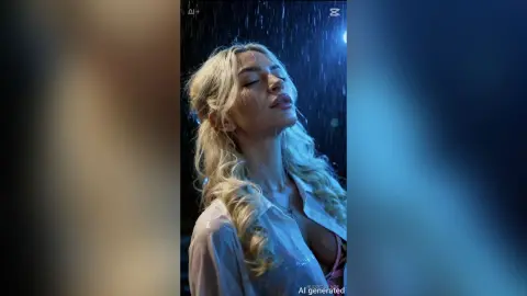 JessycaPage is a blonde woman with wet hair, wearing a white shirt and looking up in the rain.