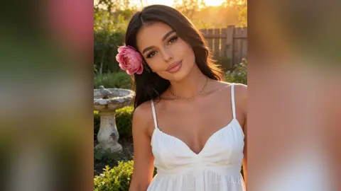 Smiling young woman in a white summer dress with a pink flower in her hair in a sunny garden setting.