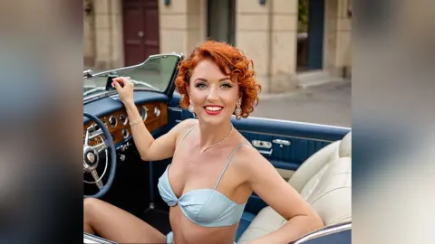 Smiling redhead woman in a light blue bikini relaxing in a vintage convertible car on a sunny day.