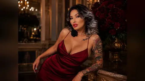 Glamorous woman in a red satin dress posing in a luxurious, moody interior setting.
