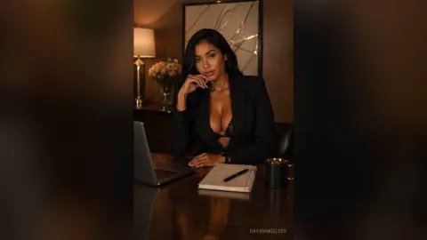 Elegant woman in a black blazer sitting at a desk in a moody, dimly lit home office setting.