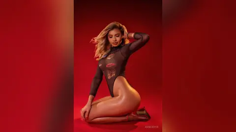 Blonde woman in a black sheer bodysuit posing against a vibrant red background with a glamorous mood.