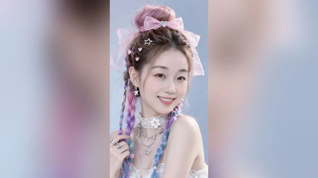 feier — feier smiles with pink hair in braids and bows, wearing a white lace top and silver necklaces.