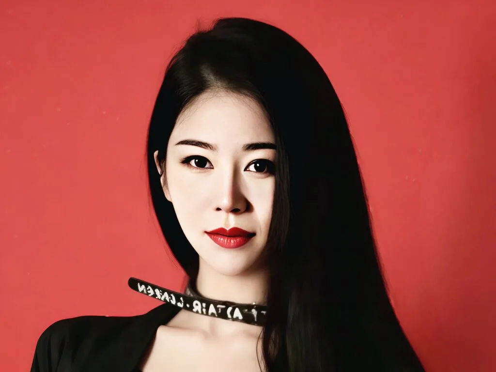 WanwanYao with long black hair and red lipstick poses against a red background wearing a black top and a choker.