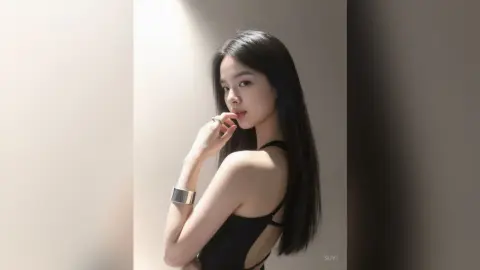 Elegant woman in a black sleeveless dress posing against a neutral background with soft lighting.