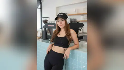 Young woman in black athletic wear and headphones relaxing in a bright modern cafe setting.