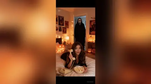 Woman in black outfit eating popcorn while a Ghostface killer looms in a cozy, spooky Halloween bedroom setting.