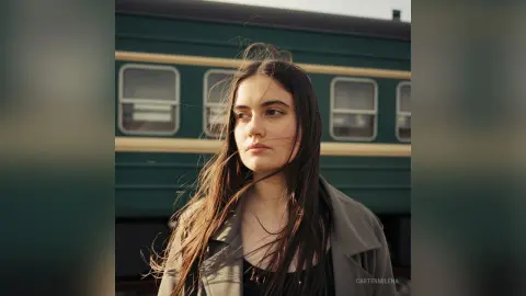CarterMilena looks off to the side with long brown hair, wearing a grey jacket while standing in front of a green train car.