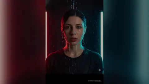 Moody portrait of a woman with wet hair in dramatic red and blue cinematic lighting.