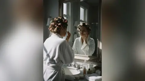 Young woman in a white bathrobe applying skincare while looking in a mirror with hair rollers in a bright bathroom.