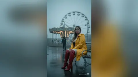 Stylish woman in a yellow coat and red boots sitting on a bench at a misty, moody amusement park near a Ferris wheel.