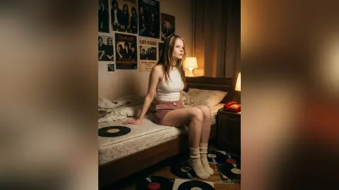 JaimieBez sits on the edge of a bed wearing a white tank top and pink shorts, surrounded by vinyl records on the floor and wall.