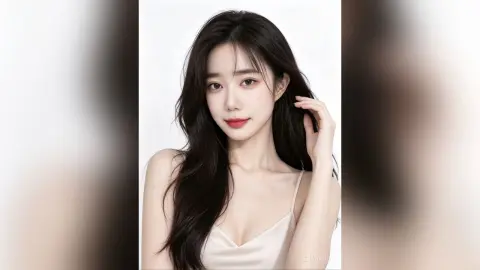 Young woman with long dark hair wearing a white satin camisole against a bright white background.
