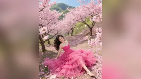 Smiling woman in a flowing pink tulle gown sitting under blooming cherry blossom trees in a dreamy spring garden.