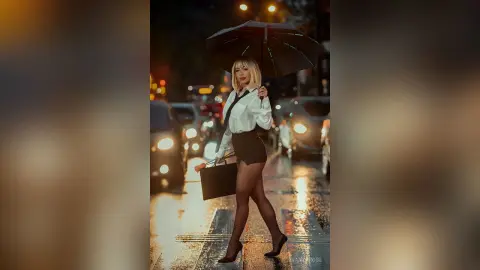 Stylish blonde woman in a white shirt and black skirt holding an umbrella on a rainy city street at night.
