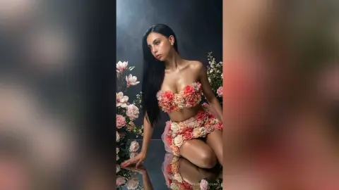 Elegant woman in a floral 3D rose crop top and skirt posing against a dark studio background with pink flowers.